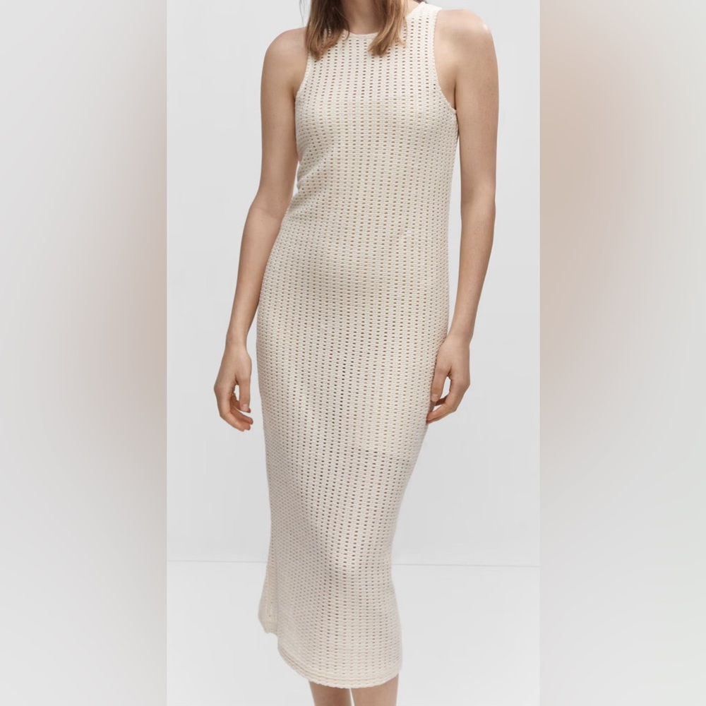 Mango MNG Cream Openwork Knit Sleeveless Midi Dress Size US 6